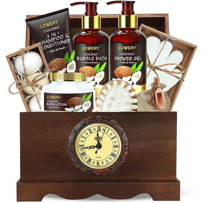 LOVERY Mothers Day Womens Gift, Bath Set in a Vintage StyleWooden Clock Box, 13Pc Premium Coconut Spa Kit forMen & Women, Body Lotion, Handmade Soap, Bath Bomb, Coconut Shampoo & Conditioner, Massager & More - Image 1